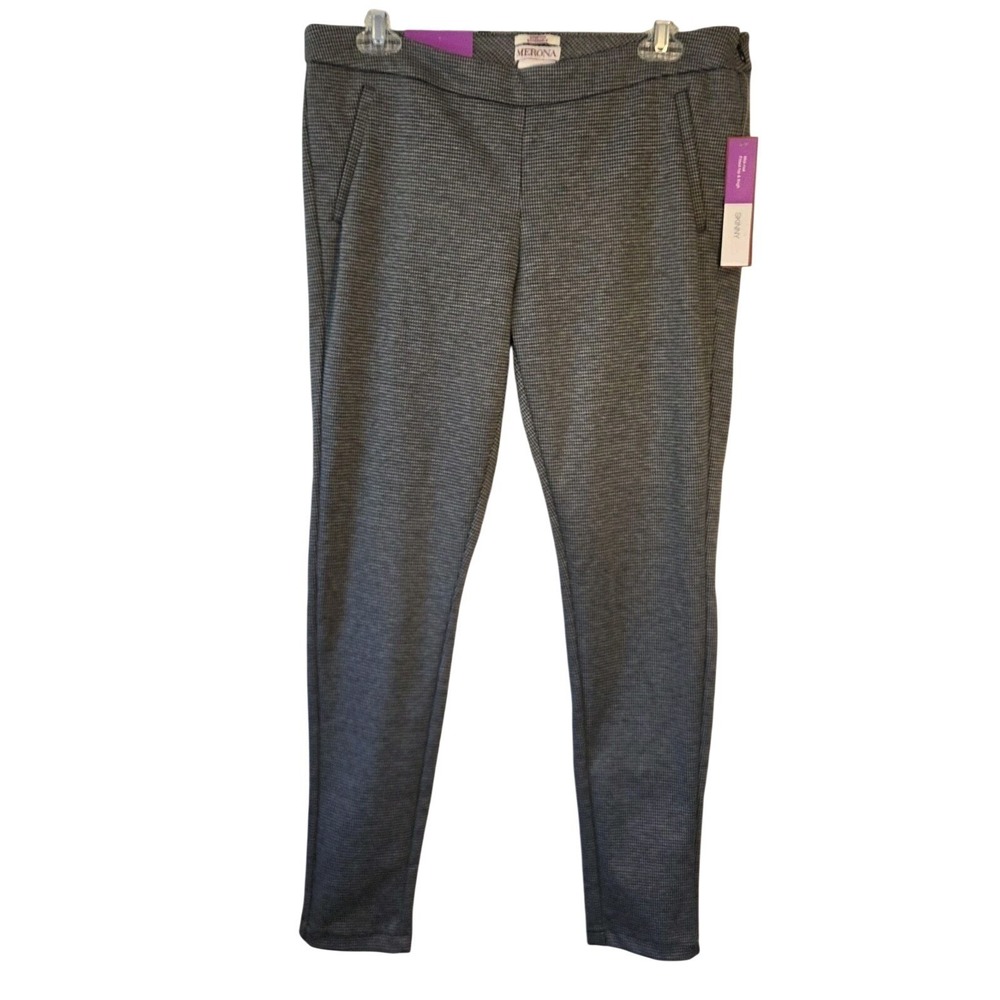 Merona Womens Skinny Houndstooth Pants Mid-Rise Stretch Side Zip‎ Gray Black 12